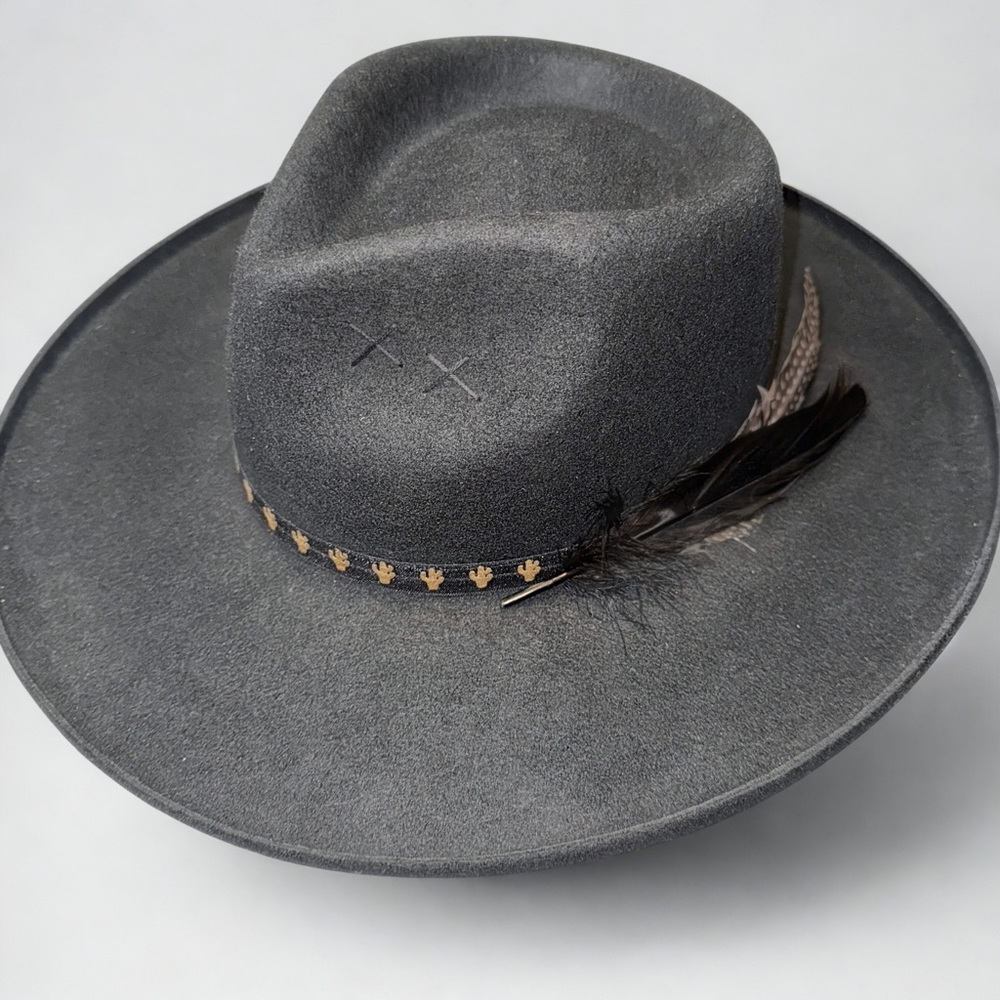 Black Wide Pencil Brim Fedora Hat Feather Western Size Large 22.5” 100% Wool
